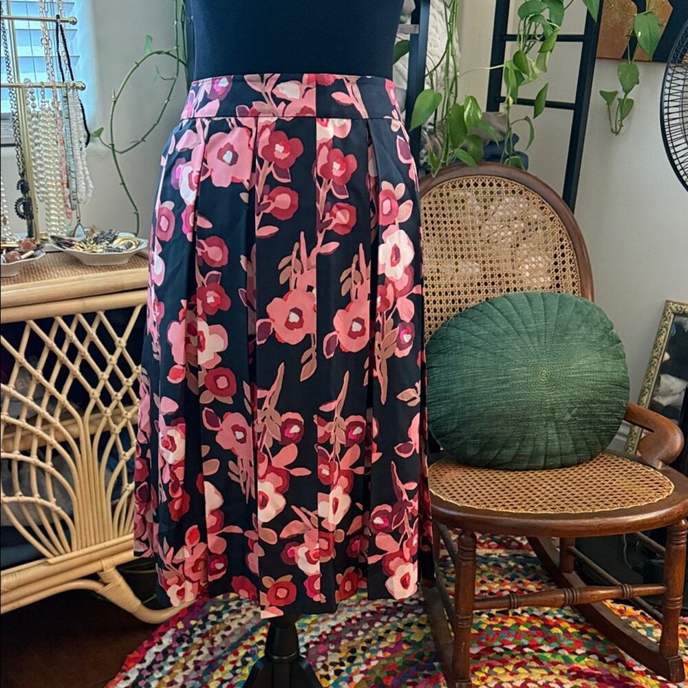Kate Spade Black & Pink Floral Silk High Waist Pleated Garden Cottage Tea Skirt